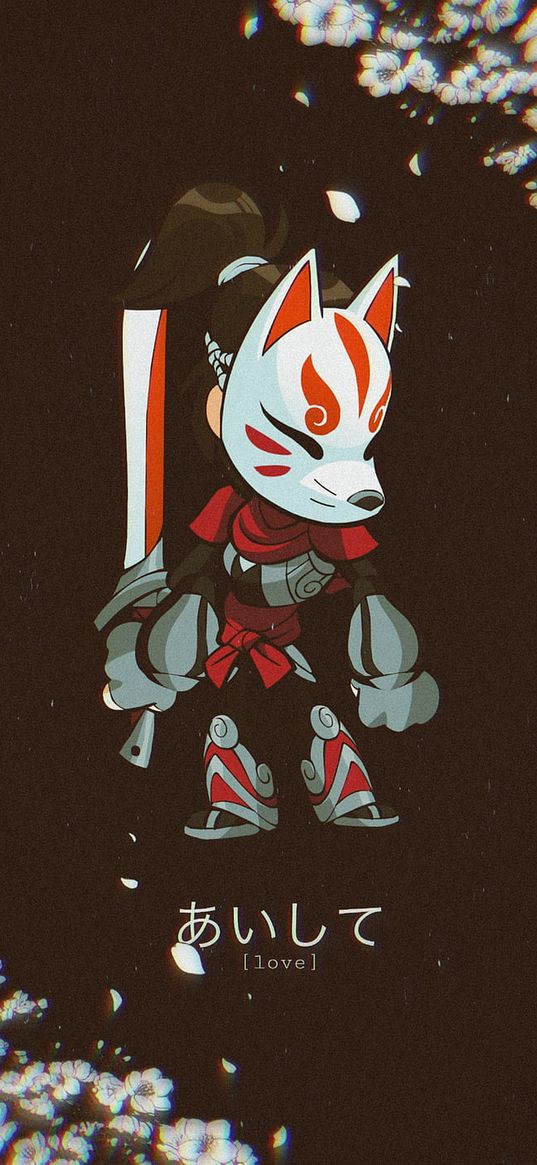 hattori, brawlhalla, game, kitsune, mask, girl, warrior, sword, flowers, art