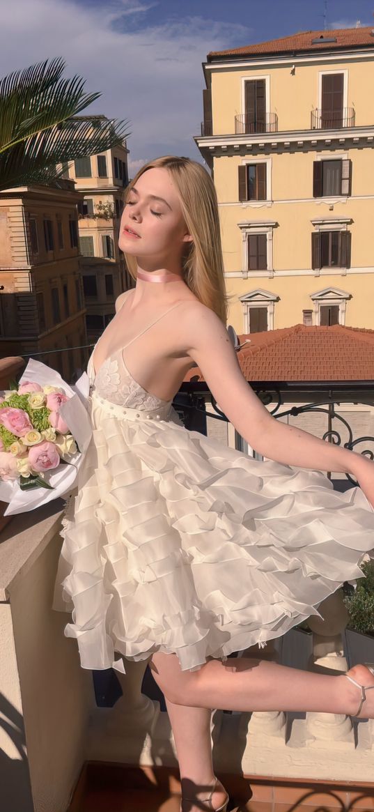 elle fanning, girl, model, smile, photo shoot, dress, bouquet