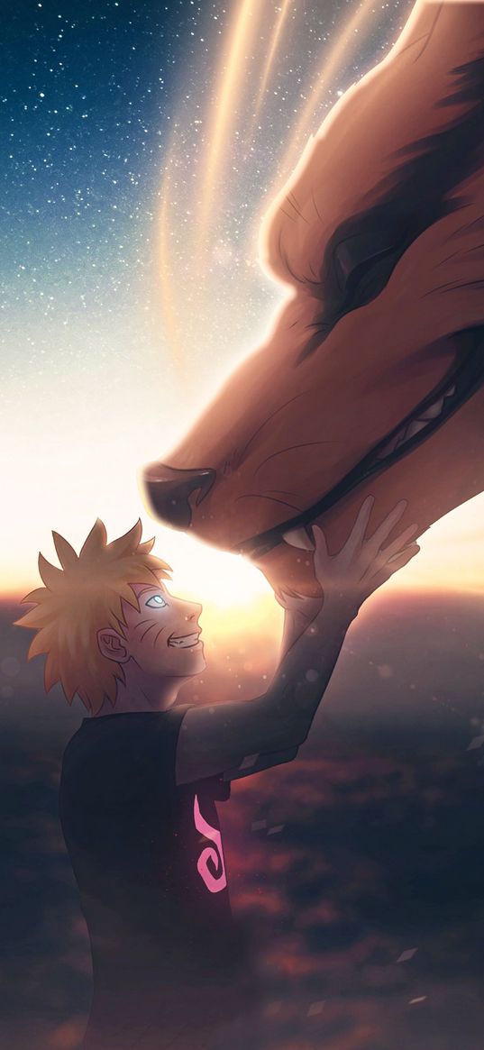 naruto, kurama, fox, hero, anime, art, smile