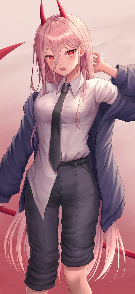 power, chainsaw man, anime, girl, pink hair, horns, shirt, braid, art