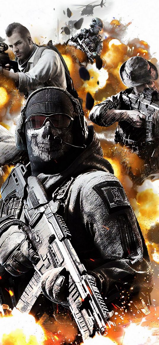 ghost, call of duty, game, characters, explosion, mask, skull, weapon, poster