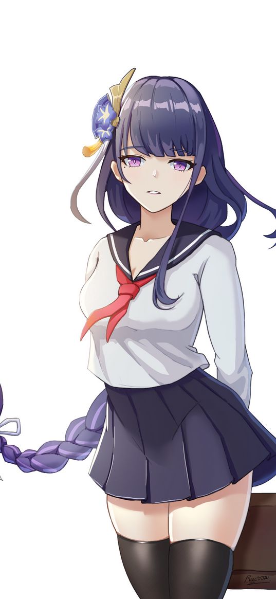 raiden shogun, genshin impact, game, girl, school uniform, purple hair, purple eyes, white background, art