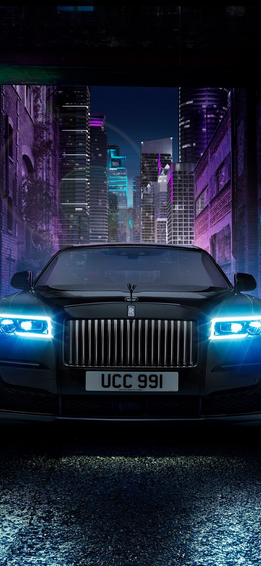 rolls royce, car, skyscrapers, headlights, city, night