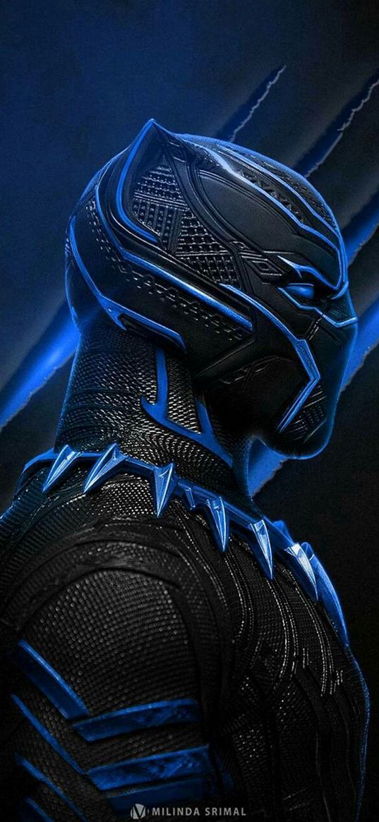 black panther, superhero, marvel, costume, profile, scratches, blue, art