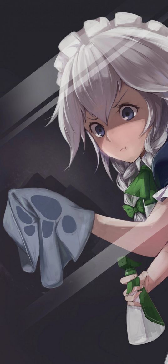 sakuya izayoi, maid, anime, girl, rag, cleaning, art