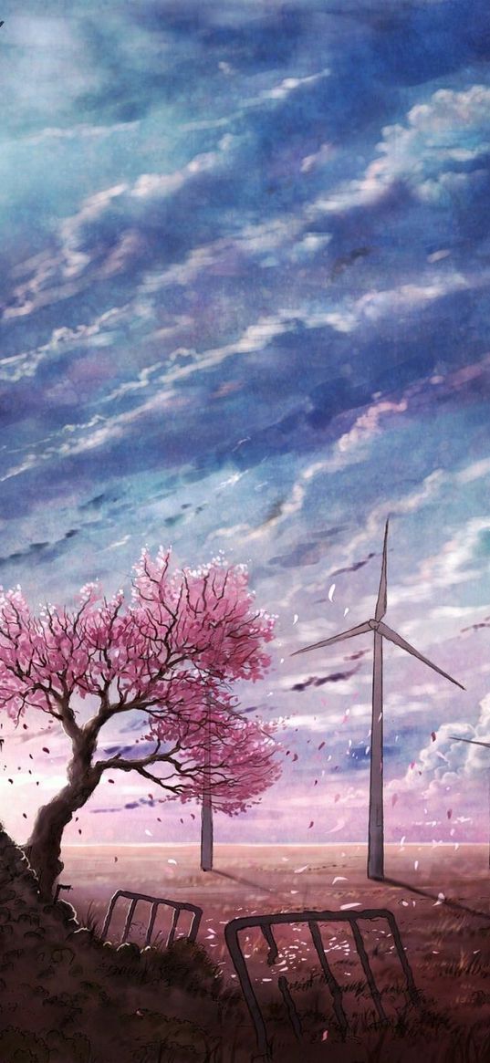 house, sakura, tree, wind farm, clouds, sky, art