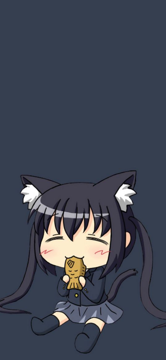 neko, girl, ears, anime, fish, minimalism, gray background, art