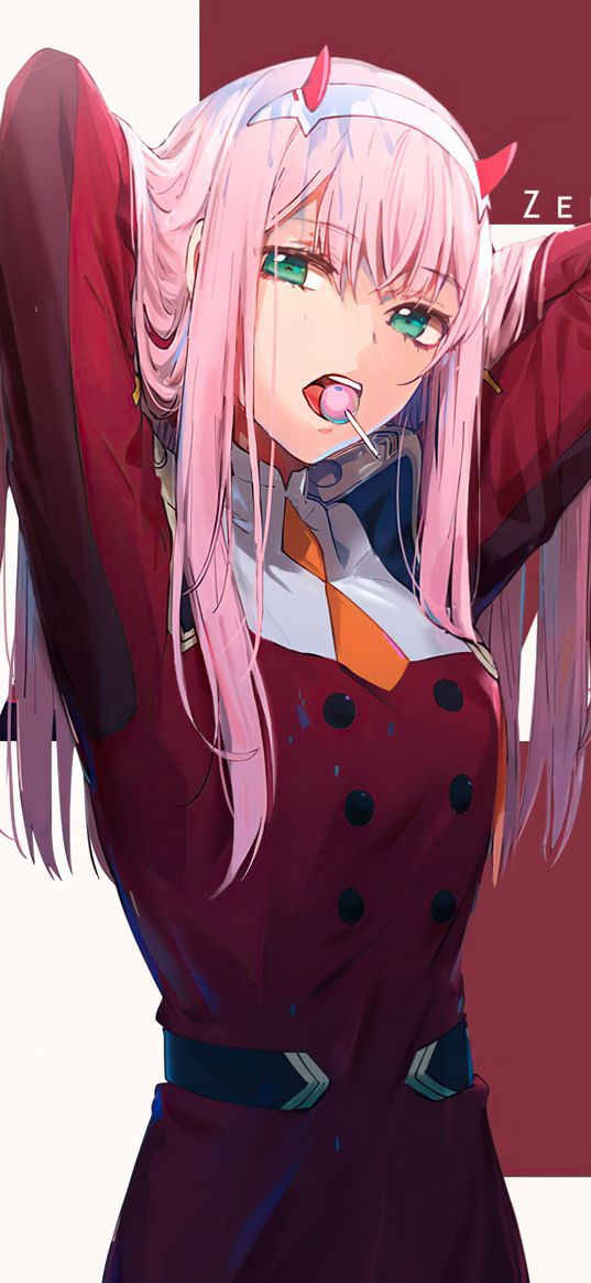 02, zero two, darling in the franxx, anime, girl, pink hair, chupa-chups