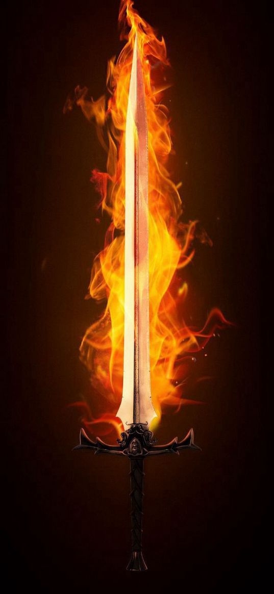 sword, weapon, blade, flame, black background