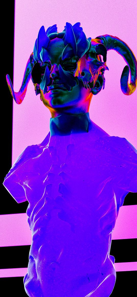 statue, torso, head, horns, neon, art