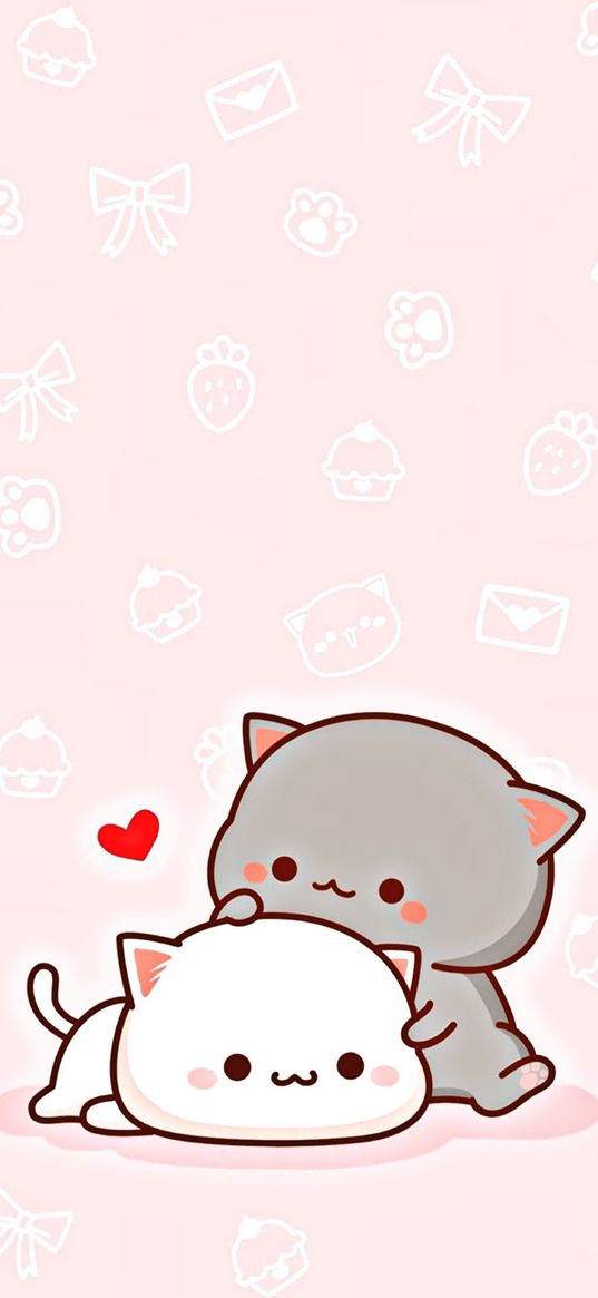 cats, cute, heart, pink background, art