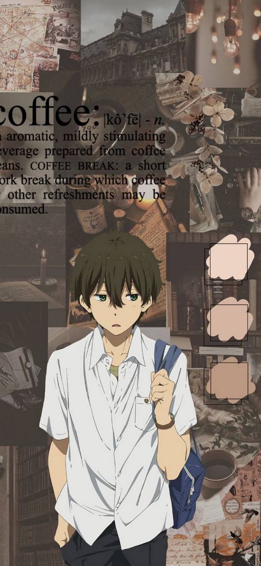 hyouka, houtarou oreki, boy, coffee, anime, art