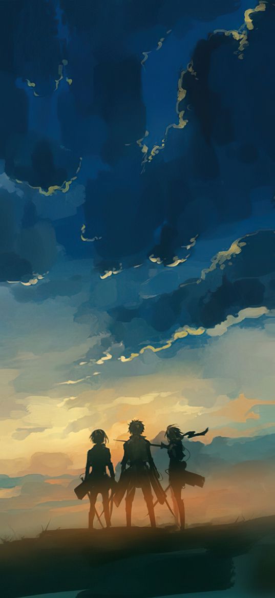 eren jeager, armin arlert, mikasa ackerman, anime, attack on titan, art, sky