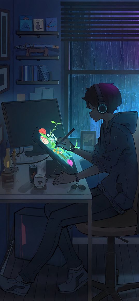 anime, boy, wallpaper, headphones, drawing, tablet, art