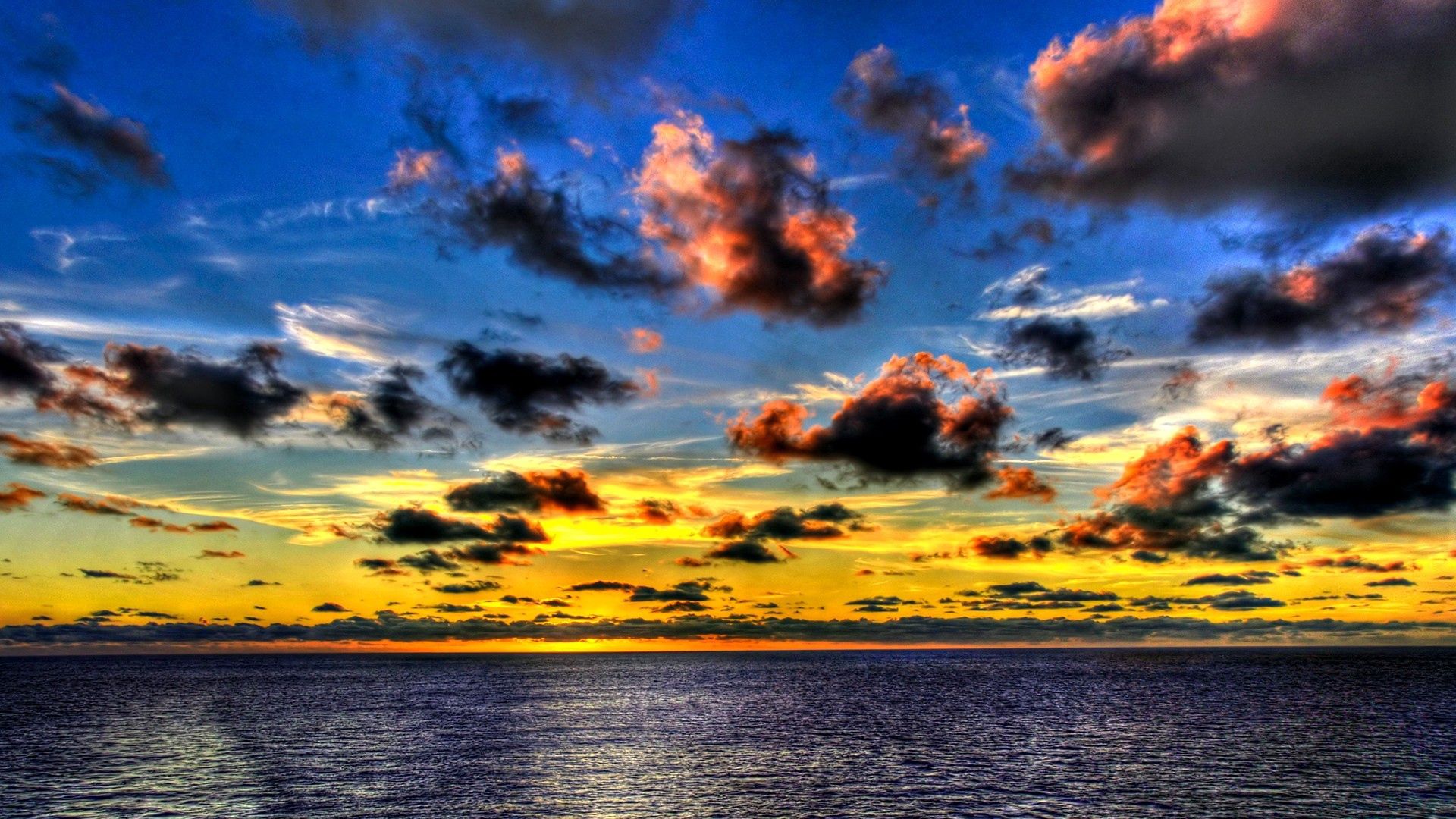 clouds, sea, sky, evening, shadows, yellow, dark blue, colors