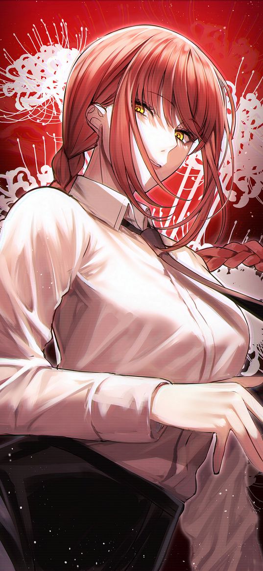 makima, chainsaw man, anime, girl, redhead, shirt, flowers, art