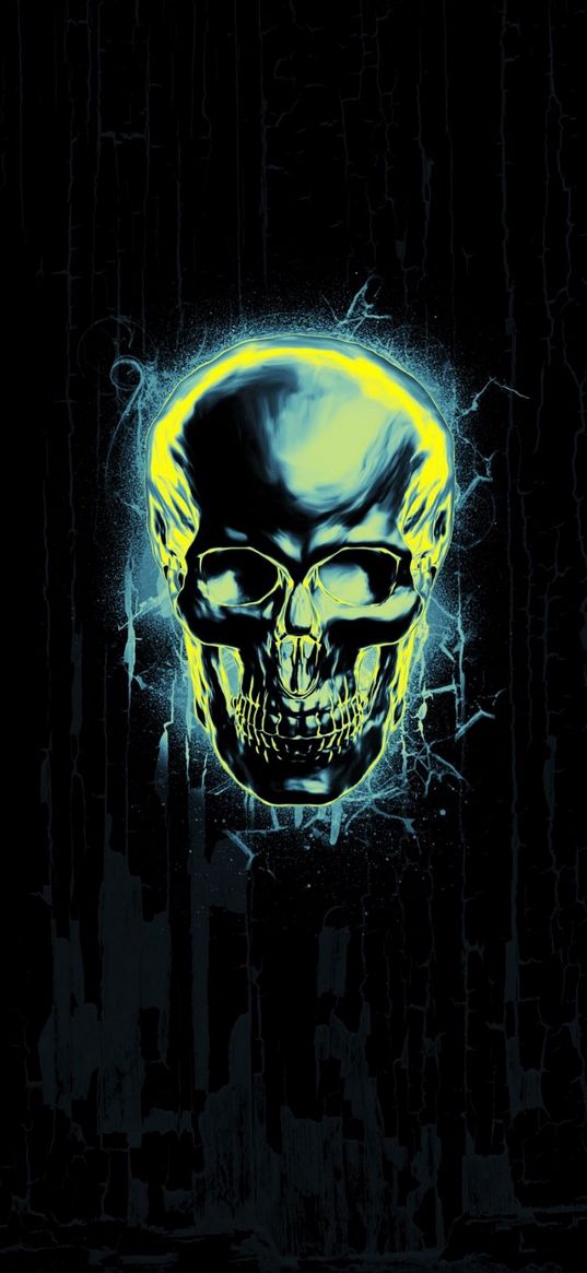 skull, neon, green, cranny, black background