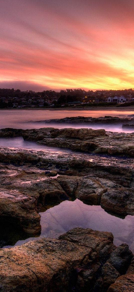 stones, plate, coast, evening, water, fog