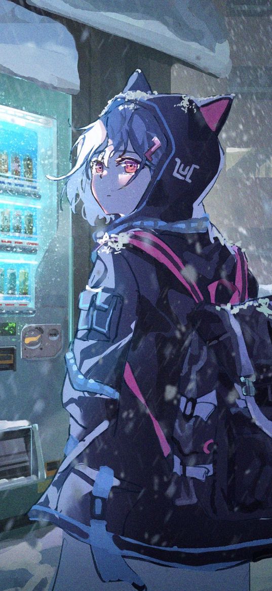 girl, neko, backpack, hood, anime