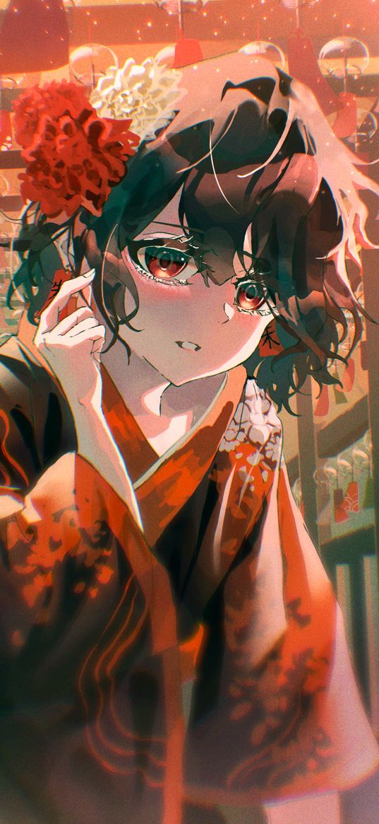 girl, blush, kimono, anime