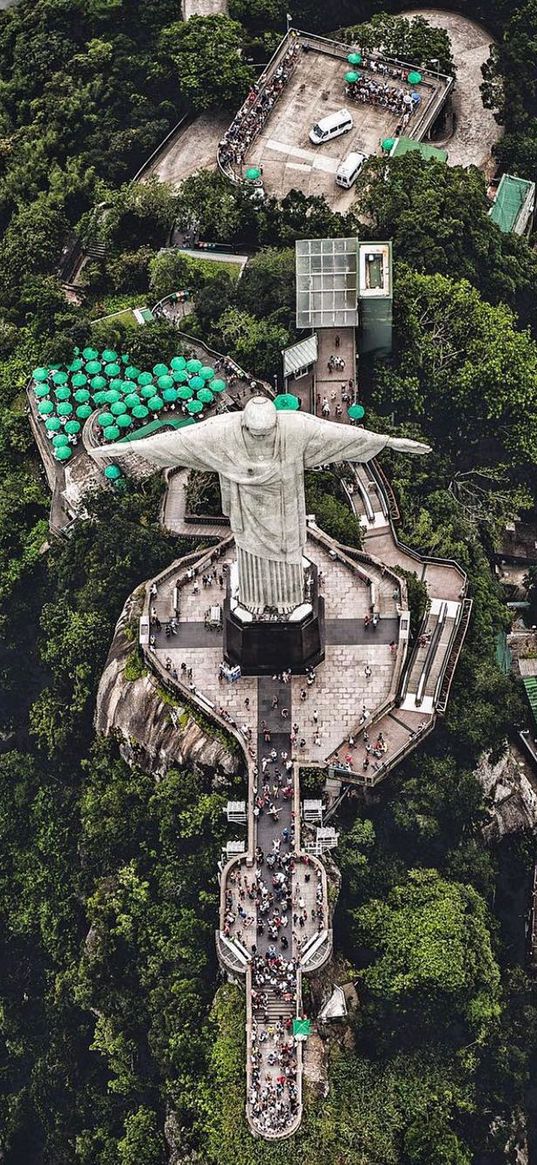 statue of christ the redeemer, rio de janeiro, statue, landmark, top view, mountain, trees