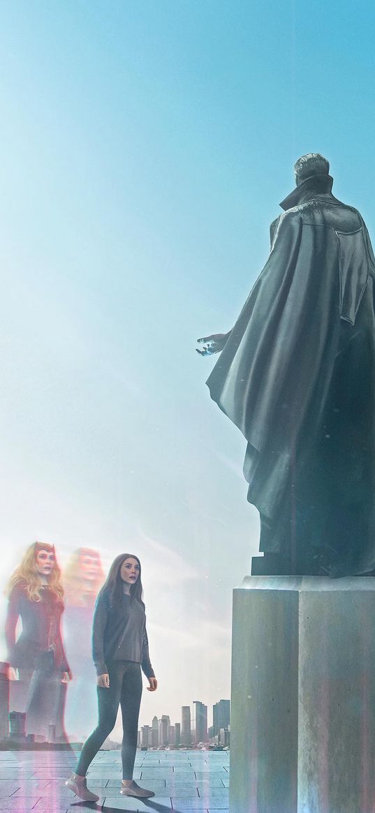 wanda, scarlet witch, doctor strange, superhero, marvel, girl, monument, statue, city