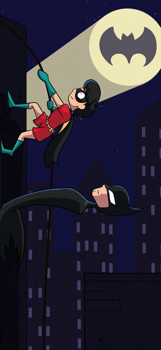 batman, robin, cartoon, night, moon, sign, art