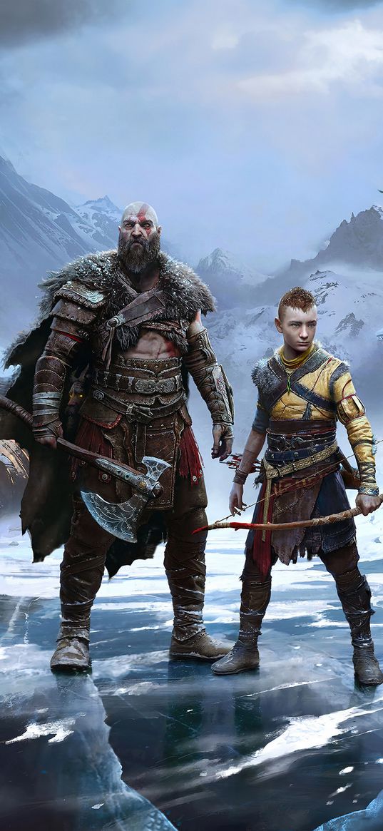 kratos, atreus, god of war, game, snow, ice