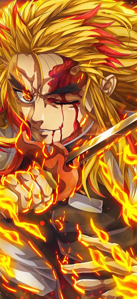 rengoku, hero, demon slayer, anime, fire, sword