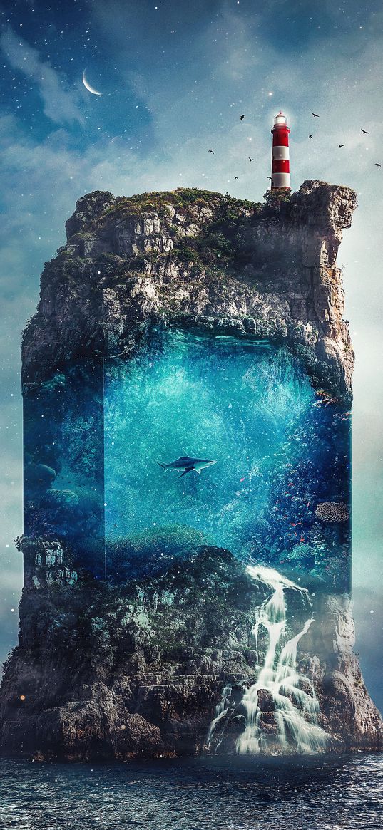 rock, island, lighthouse, aquarium, water