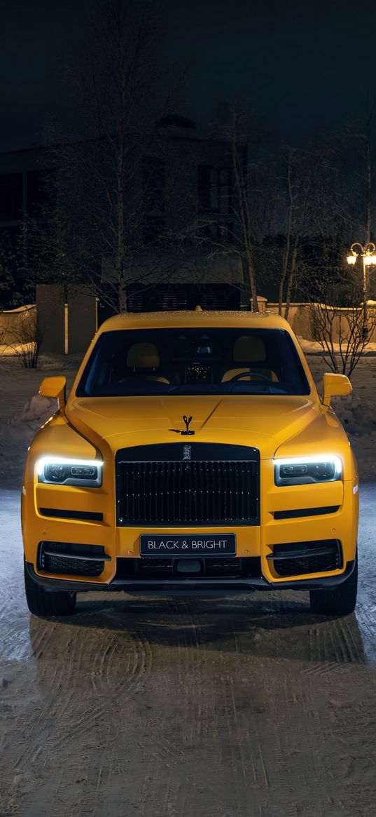 rolls-royce, car, yellow, night, snow