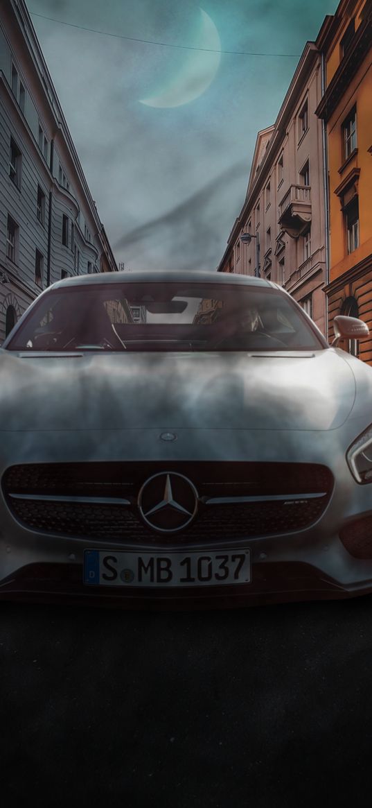 mercedes amg, mercedes, car, white, street, sunset, dark smoke