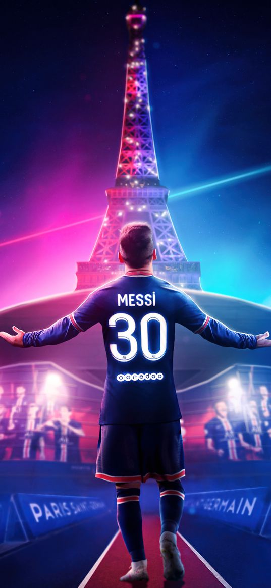 lionel messi, football player, paris, tower, back