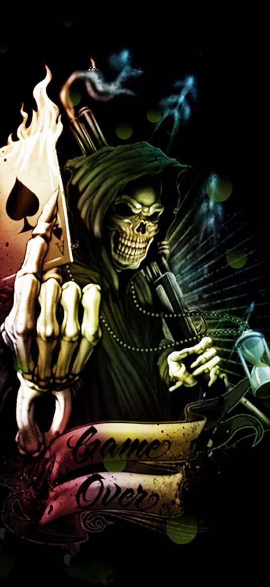 skeleton, death, reaper, card, playing card, fire