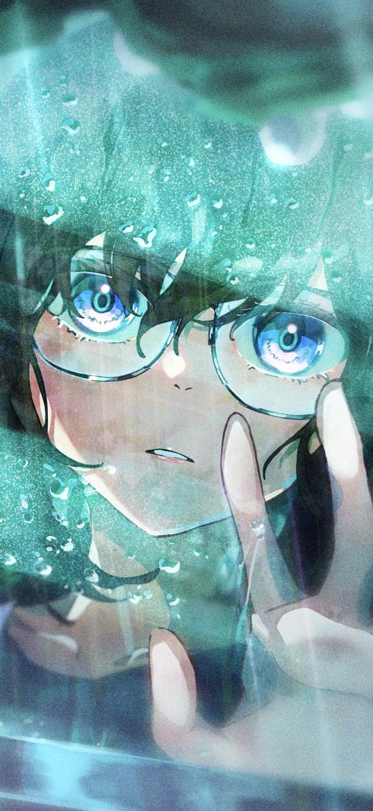 girl, sunglasses, window, drops, rain, anime