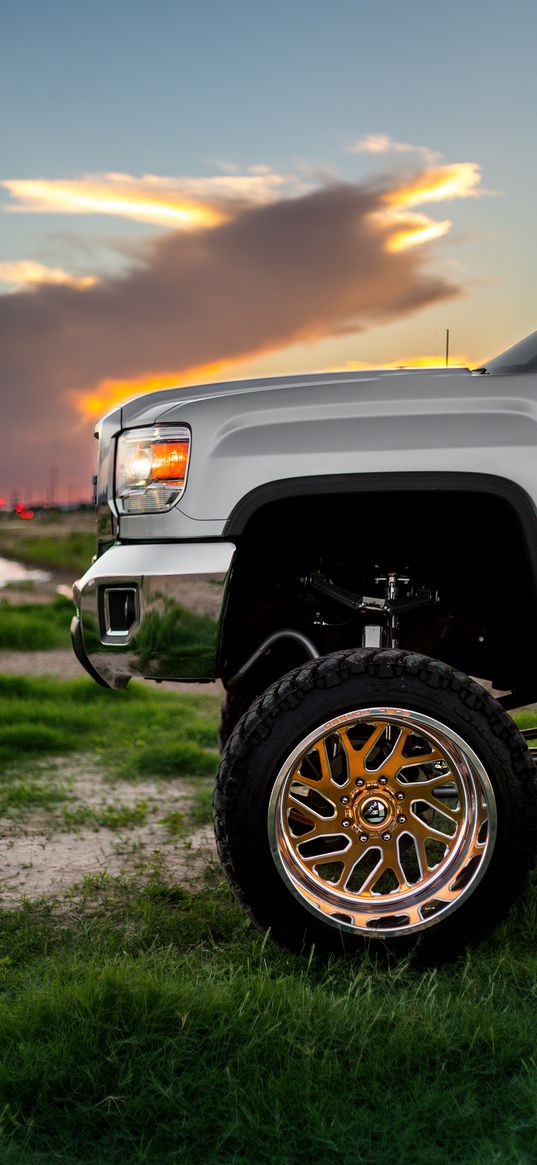 gmc, car, grey, wheel, sunset