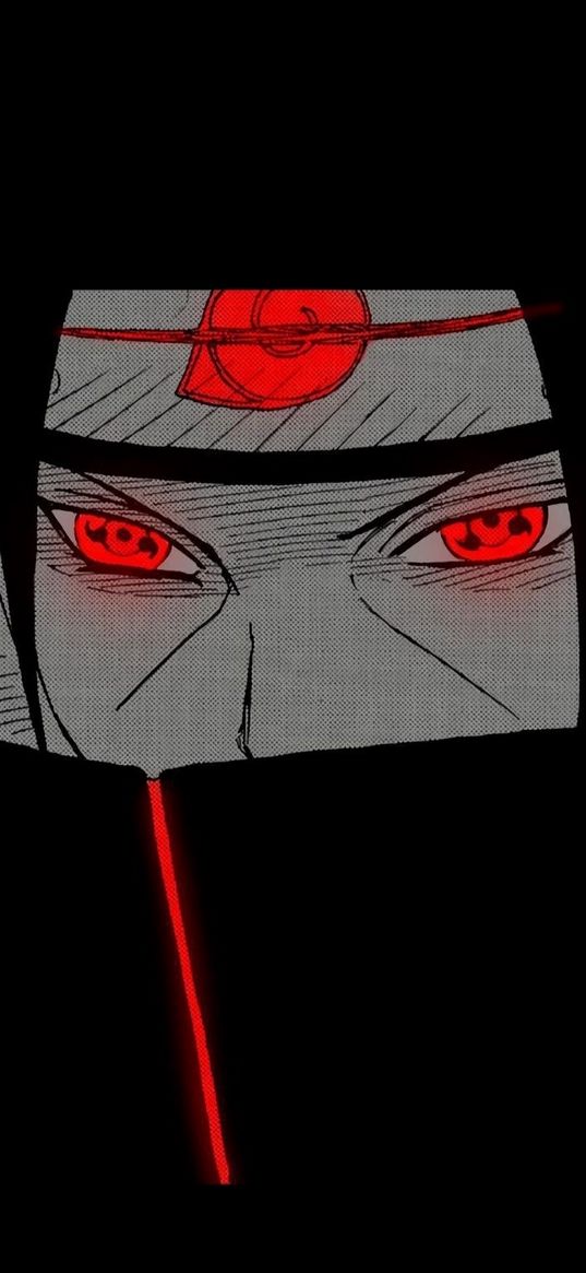 itachi uchiha, itachi, naruto, anime, guy, bandana, sharingan, red, black, art