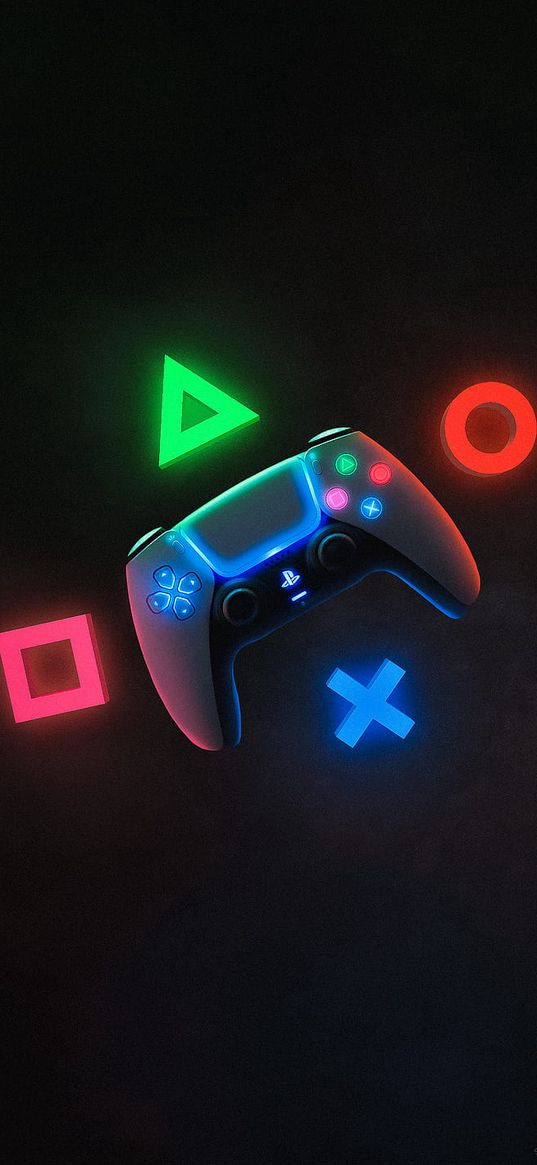 playstation 5, playstation, gamepad, joystick, figures, neon, black background