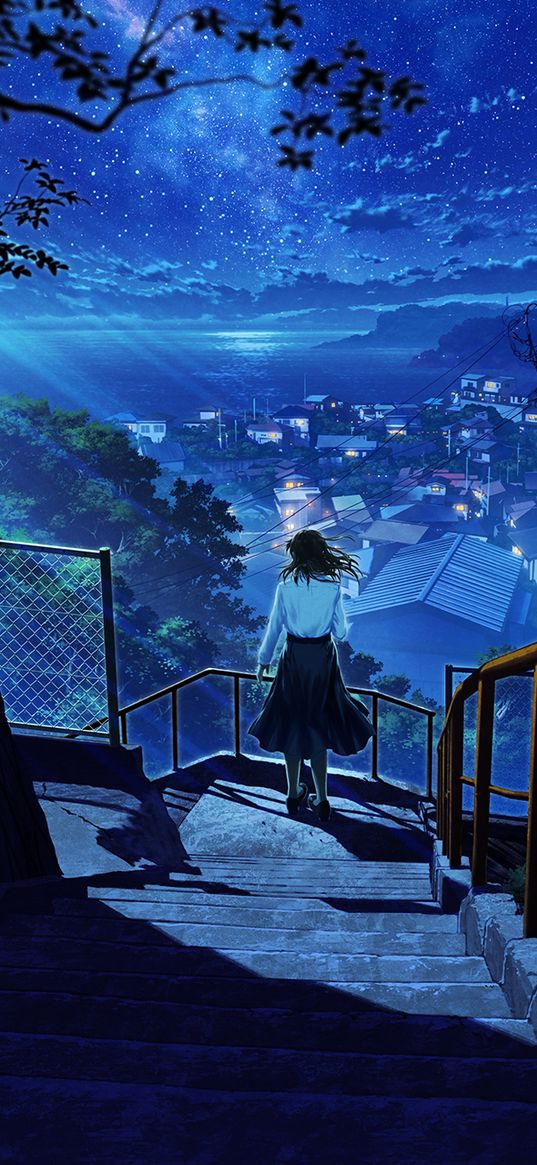 anime, girl, art, city, night, cloud, tree, stairway