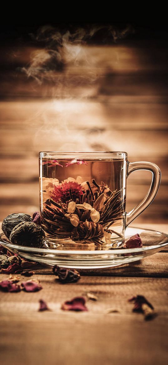 tea, steam, grass, cup, composition