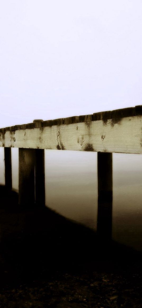 pier, boards, sea, boat, fog