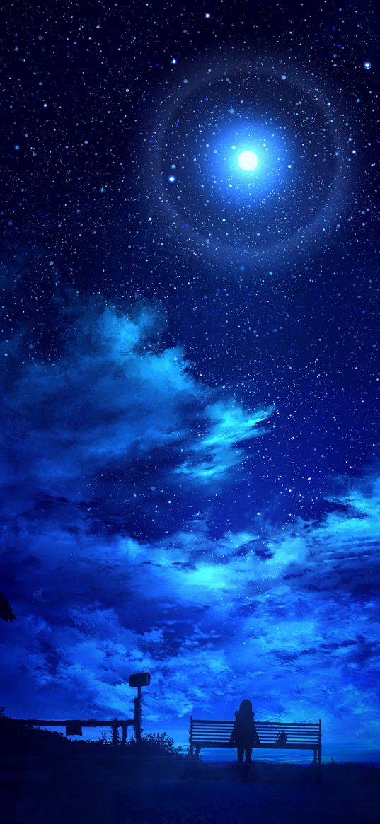 anime, girl, art, moon, starry sky, cloud