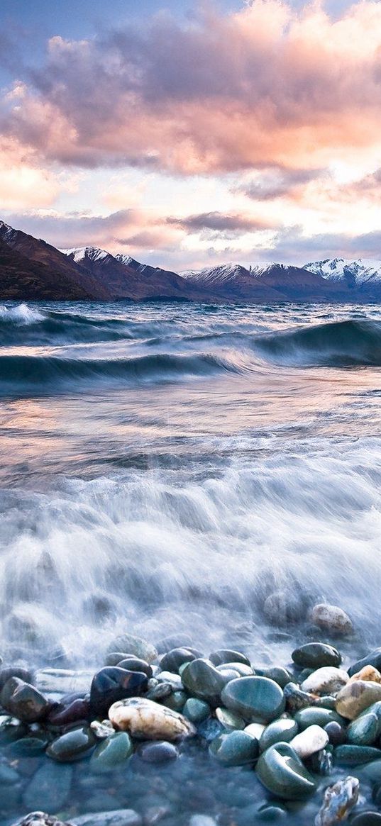 stones, beach, wave, foam, mountains, clouds, water