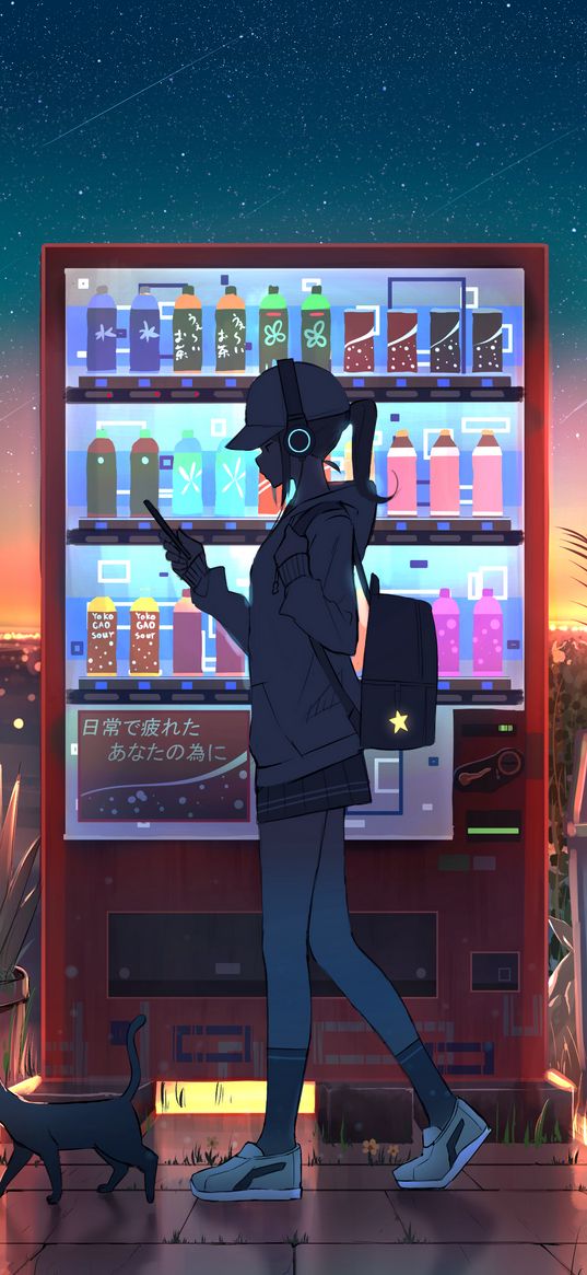 girl, cat, soda machine, evening, sunset, stars, art