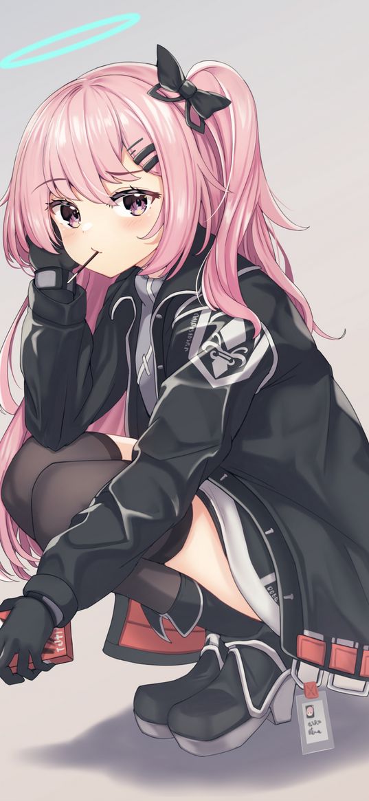 ambriel, arknights, game, anime, girl, halo, pink hair, sitting, art