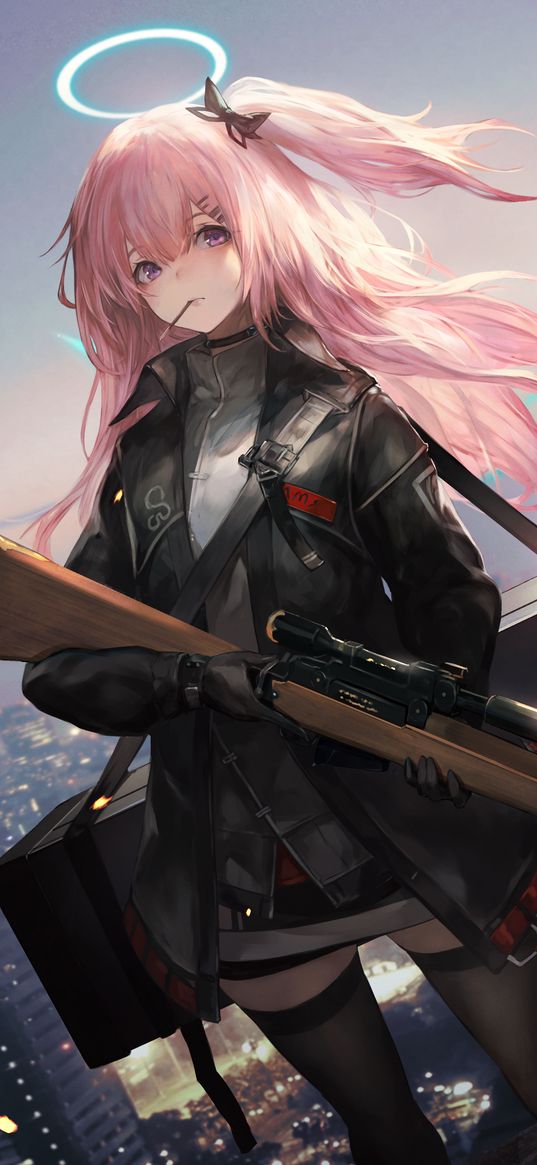 ambriel, arknights, game, anime, girl, halo, pink hair, rifle, weapon, roof, city, art