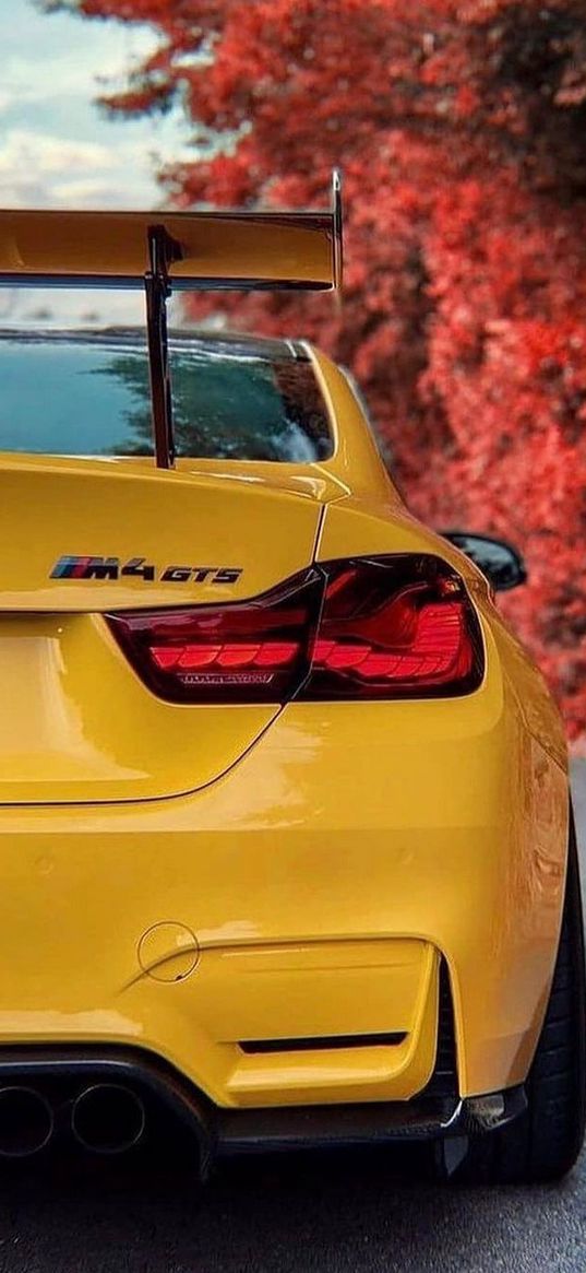 bmw m4, bmw, car, yellow, headlight, spoiler, rear view, road, trees