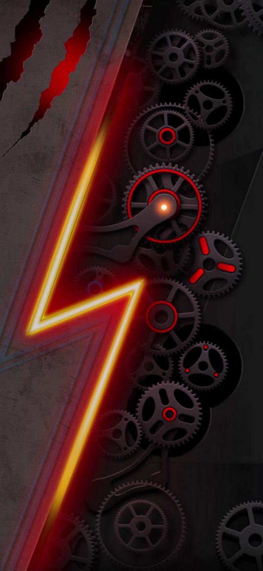 gears, mechanism, lightning, glow, red, gray