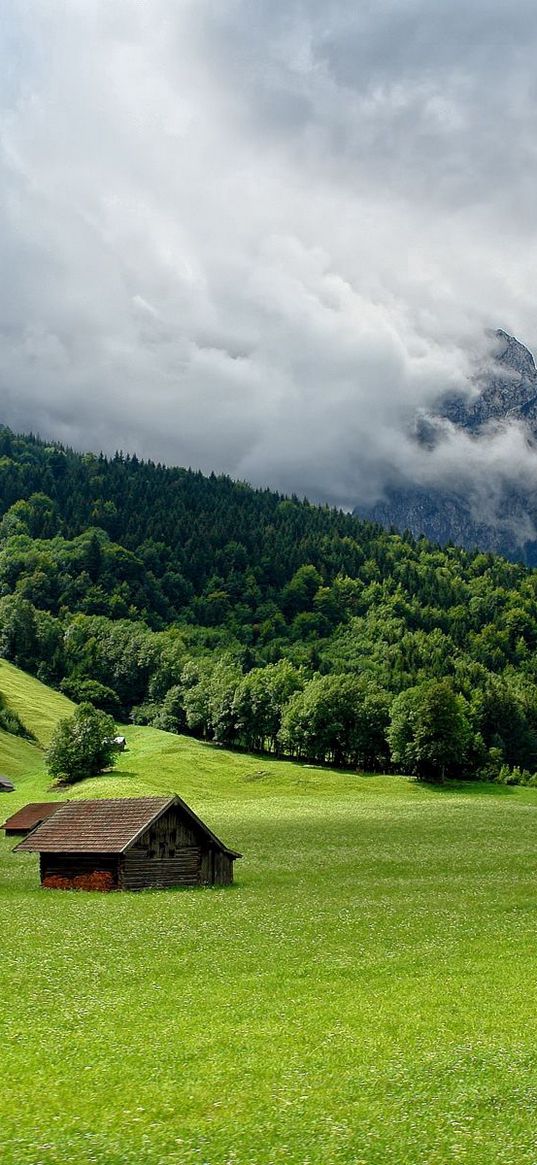 mountains, plain, lodges, clouds, smoke, sky