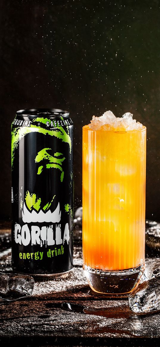 gorilla energy, energy drink, jar, glass, ice